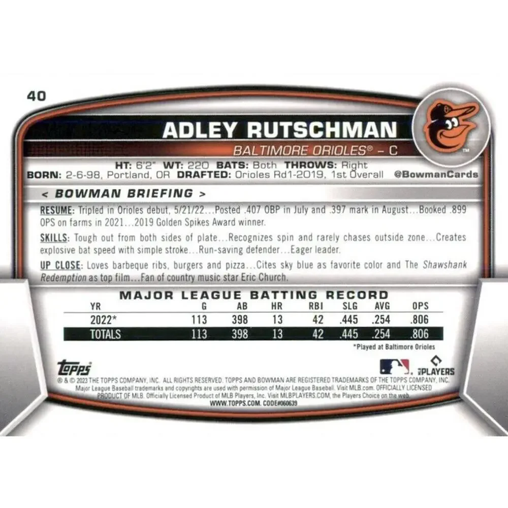 2023 Bowman Adley Rutschman RC #40 Baltimore Orioles